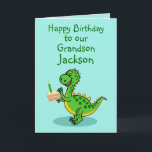 Carte de voeux pliée Dinosaur Grandson anniversair<br><div class="desc">Une carte mignonne que vous pouvez personnaliser montrant une tranche de gâteau et bougie d'anniversaire et un dinosaure mignon tenant une tranche de gâteau. Personnaliser le texte et le nom et le message à l'intérieur peut être ajouté,  ou supprimé en suivant l'invite "personnaliser ce Modèle".</div>