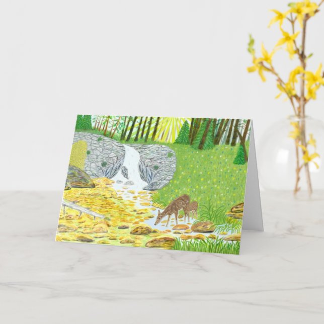 Carte de vœux pliée Doe et Faon (Fleur jaune)