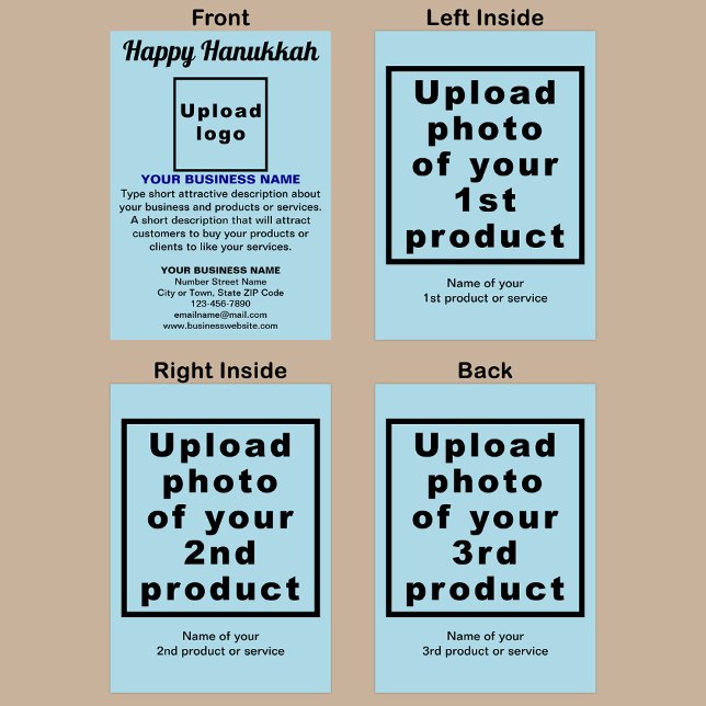 Carte de voeux pliée en bleu clair Hanoukka Busine (Light blue Hanukkah folded greeting card with your business brand and products or services.)