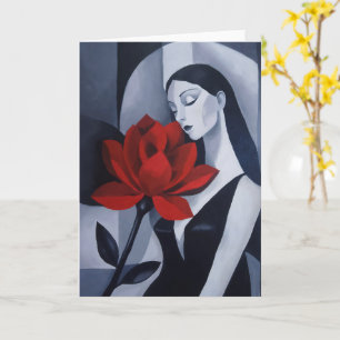 Carte de vœux pliée Femme d'art moderne avec rose 