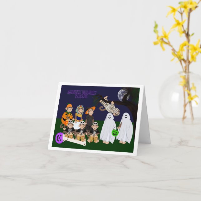 Carte de vœux pliée Halloween Singe Drôle (Fleur jaune)