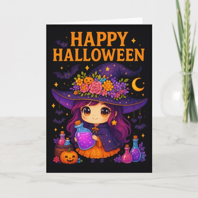 Carte de voeux pliée Halloween sorcière mignonne (Devant)
