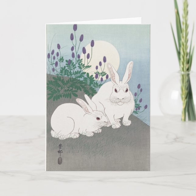 CARTE DE VOEUX PLIÉE LAPIN JAPONAIS ET LUNE (Devant)
