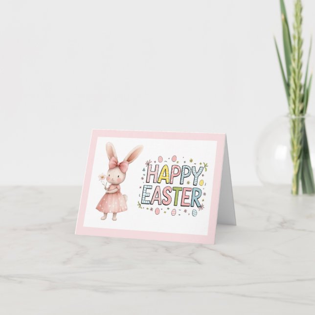Carte de vœux pliée lapin rose Joyeuses Pâques (Devant)