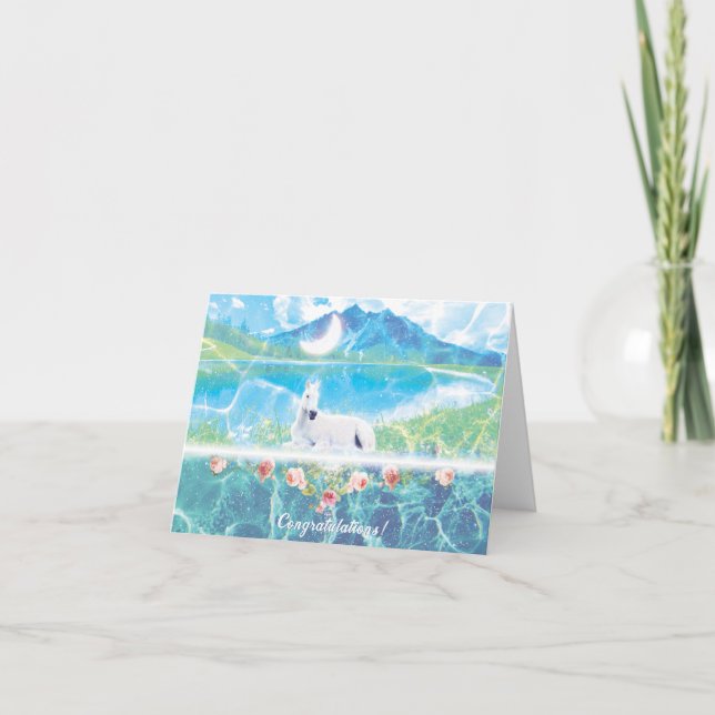 Carte de vœux pliée Licorne avec des roses (Devant)