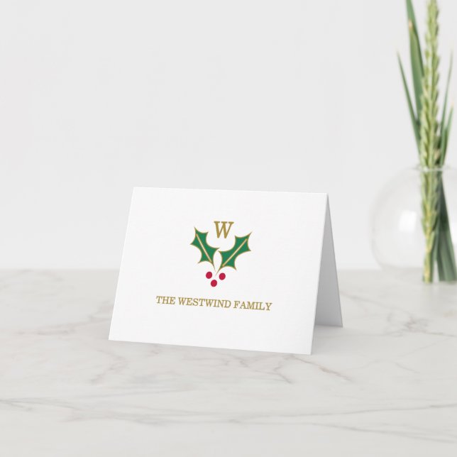 Carte de vœux pliée Monogram Holly et Berries (Devant)