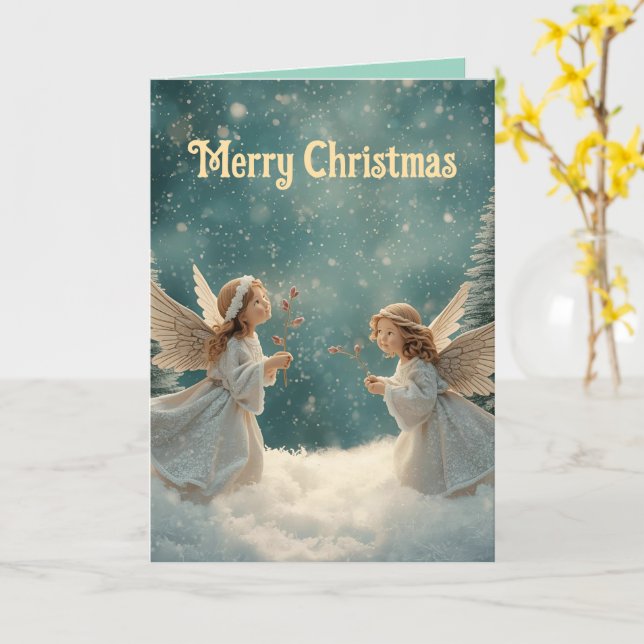 Carte de vœux pliée Noël anges mignons (Fleur jaune)
