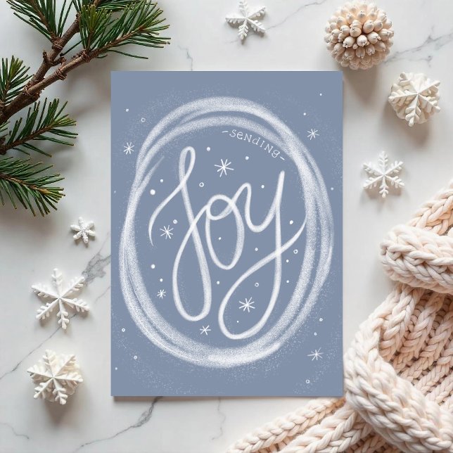 Carte de vœux pliée non-photo avec lettrage fait m ("Joy"- a hand-lettered forward holiday card surrounded by swirling snow. By Clearlytangled Studio.)