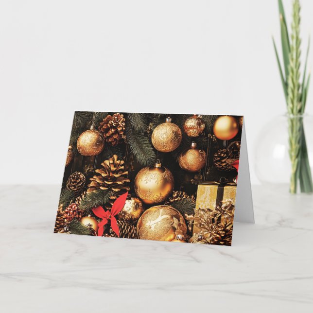 Carte de voeux pliée - Ornements d'or et Pinecones (Devant)