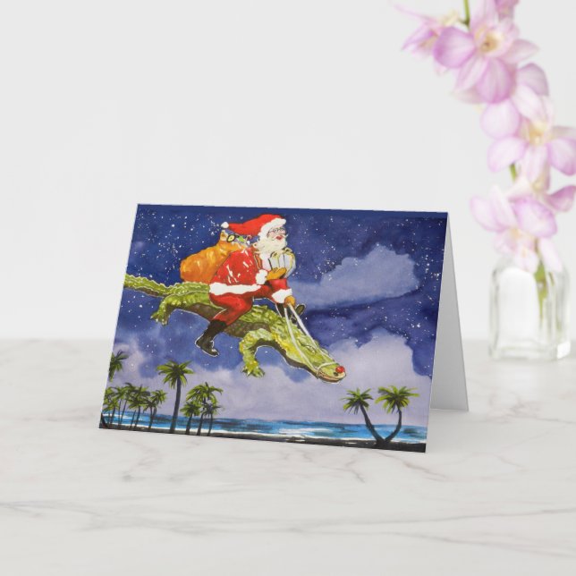 Carte de voeux pliée père Noël Riding Gator (Orchidée)
