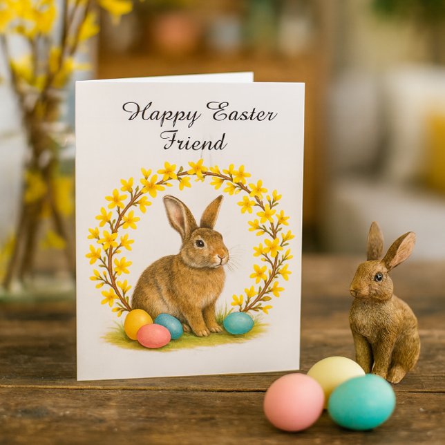Carte de vœux pliée pour ami Joyeuses Pâques (Rustic Easter card scene with bunny figurine, pastel eggs, and forsythia on warm pine table.)