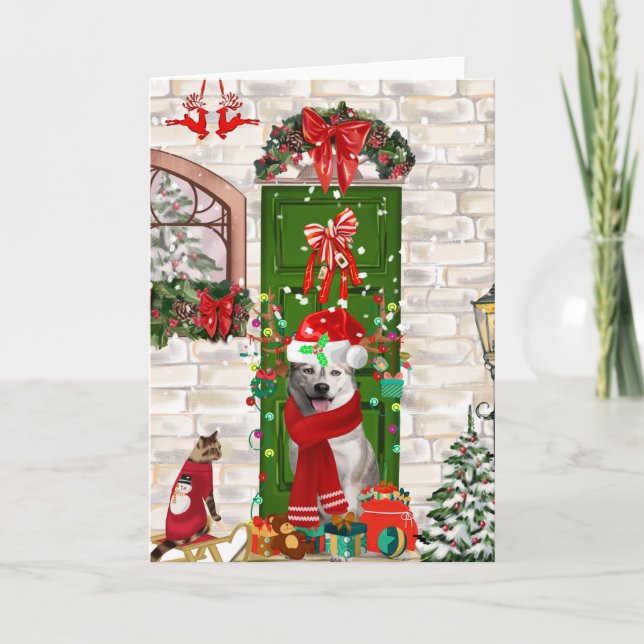 Carte de vœux pliée pour Noël avec chien Husky sib (Devant)