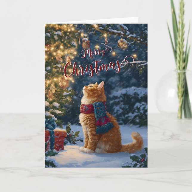 Carte de vœux pliée pour Noël avec un chat orange  (Devant)