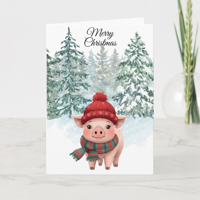 Carte de vœux pliée pour Noël avec un cochon (Devant)
