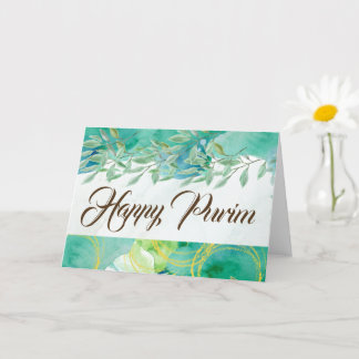 Carte de vœux pliée Purim aquarelle verte Joyeux