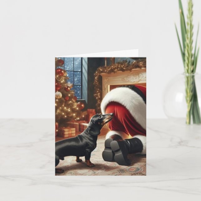Carte de vœux pliée teckel et Père Noël (Devant)