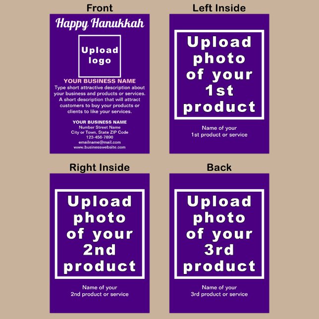 Carte de voeux pliée violet Hanoukka pour les entr (Purple Hanukkah folded greeting card with your business brand and products or services.)