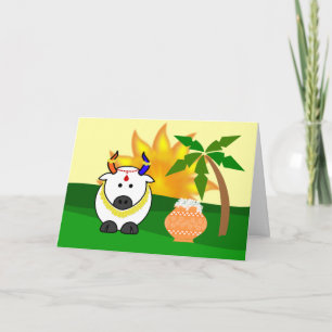 Carte de voeux Pongal Pot, Cow et Tree
