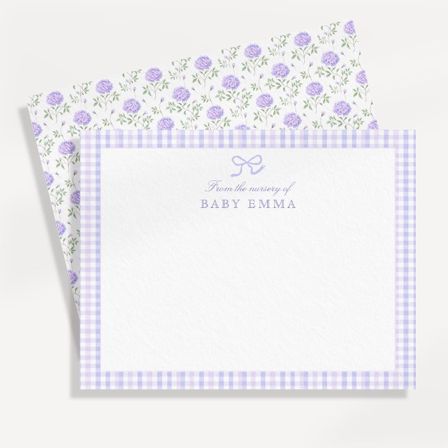 Carte de vœux pour bébé au gingham lavande et moti (Créateur téléchargé)