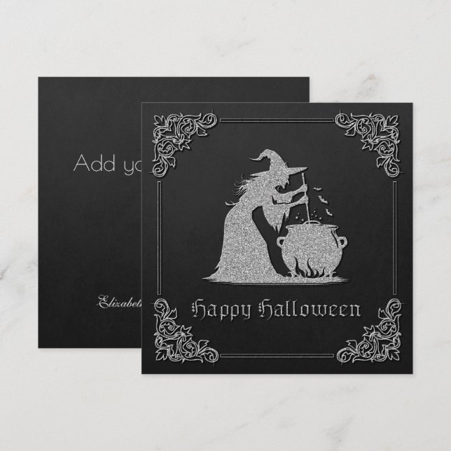 Carte de voeux pour Halloween sorcière et cauldron (Devant / Derrière)