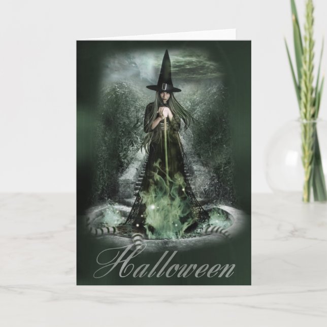 Carte de voeux pour Halloween sorcière verte (Devant)