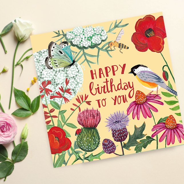 Carte de voeux pour l'anniversaire d'oiseaux fleur (Happy Birthday Wildflower Garden Illustration Card)