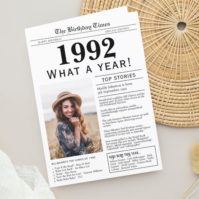 Carte de voeux pour l'anniversaire du journal 1992 (Born in 1992 Unique Newspaper Birthday greeting card, with news, trivia and custom photo)