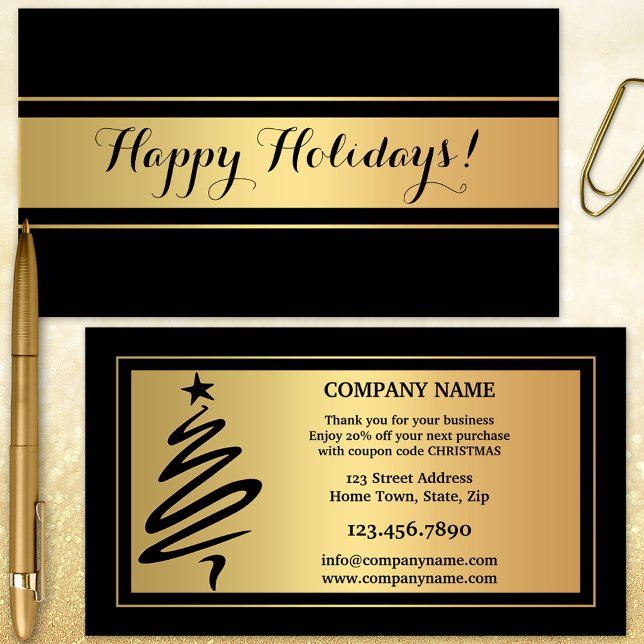 Carte de vœux professionnelle de vacances de Noël  (Christmas Holidays business card with a simple gold and black design with modern tree outline)