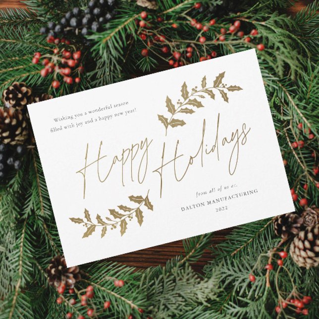 Carte de vœux professionnelle moderne pour les fêt (Elegant Script Gold Happy Holidays Greenery Leaves Business Holiday Magnetic Card.)