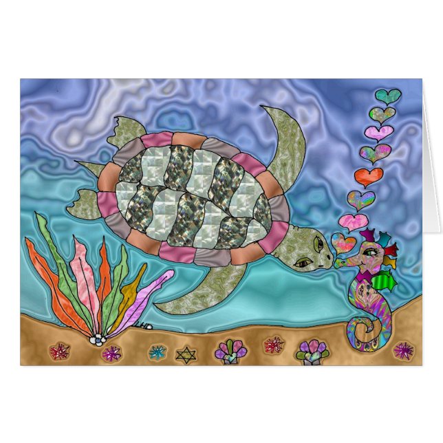 Carte de voeux Psychedelic Sea Turtle Seahorse Art (Devant horizontal)