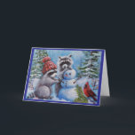 Carte de voeux Raccoons Snowman Cardinal Bland<br><div class="desc">Un tel plaisir d'HIVER entre amis. La neige fraîche exige un bonhomme de neige. Image de mon art original.</div>