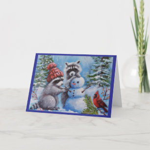 Carte de voeux Raccoons Snowman Cardinal Bland