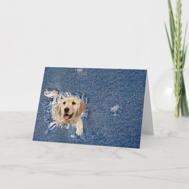 Carte de vœux Retriever doré dans un trou de denim (Devant)