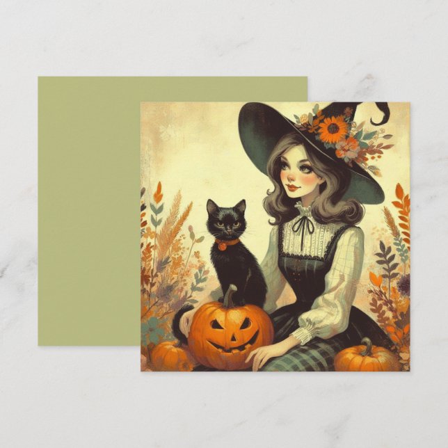 Carte de vœux rétro à plat Halloween sorcière et n (Devant / Derrière)