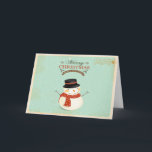 Carte de voeux Retro Christmas Snowman<br><div class="desc">Vous vous préparez à envoyer toutes vos cartes de voeux de Noël et de Fêtes? Cette carte de voeux de Noël rétro est la meilleure façon de donner un peu de plus à votre poste cette année! Inclus dans cette carte de voeux enneigée sont bonhomme de neige de noël, pinceaux...</div>