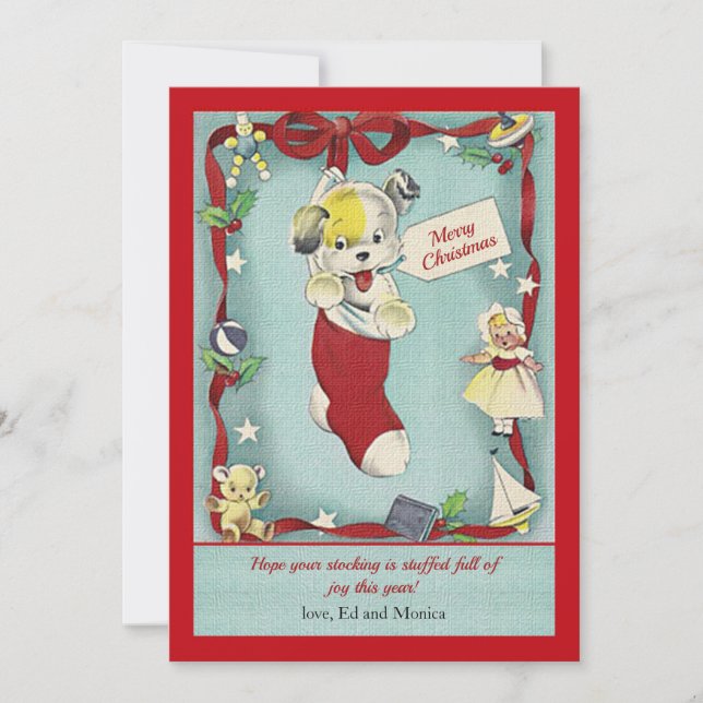 Carte de vœux rétro de Noël avec un chiot dans une (Devant)