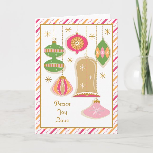 Carte de voeux Retro Holiday Baubles - Rose (Devant)