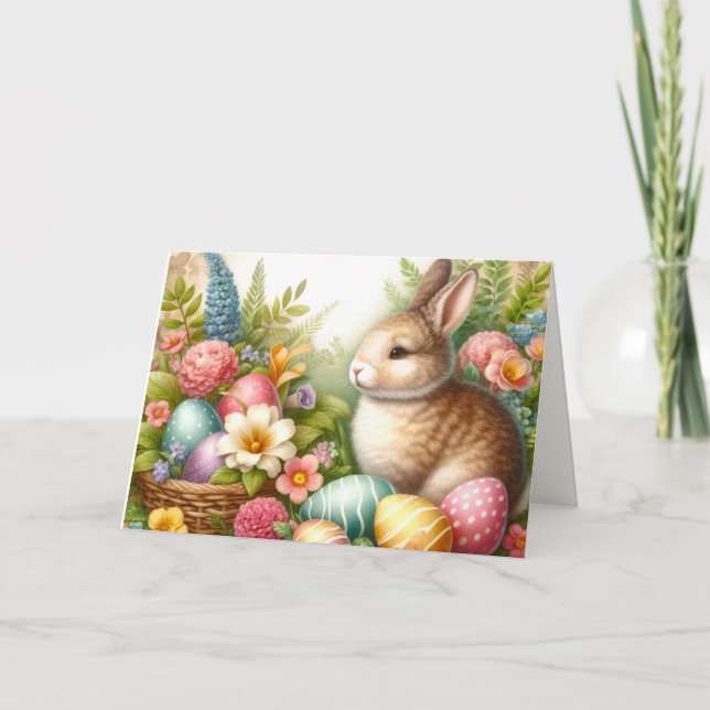 Carte de vœux rétro Lapin de Pâques heureux / Fami (Devant)