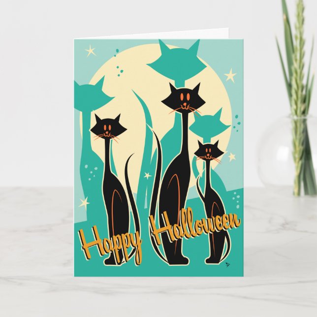 Carte de voeux Retro Mod Kitty Trio Halloween (Devant)