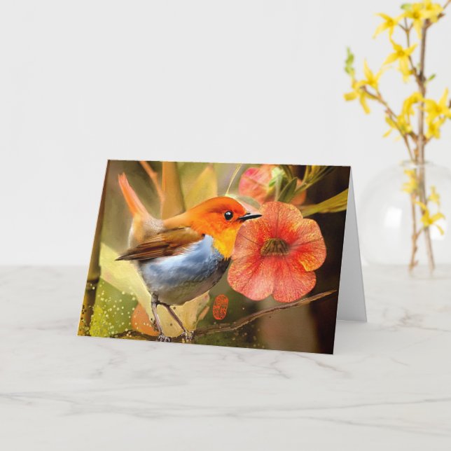 Carte de voeux Robin Japonais (Fleur jaune)