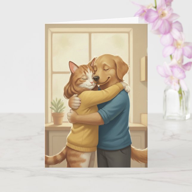 Carte de vœux romantique avec un chien et un chat  (Orchidée)