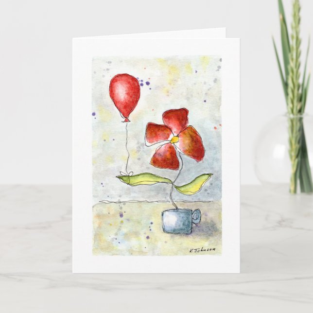 Carte de voeux Rouge Ballons et Fleur Aquarelle (Devant)