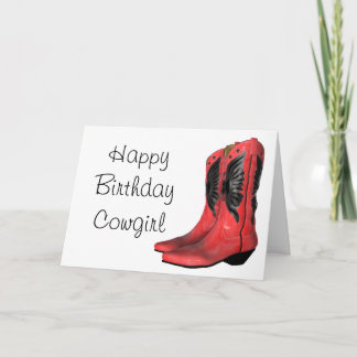 Carte de vœux rouge bottes de cowgirl Joyeux Anniv