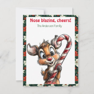 Carte de vœux rouge rétro de Noël avec un renne mi