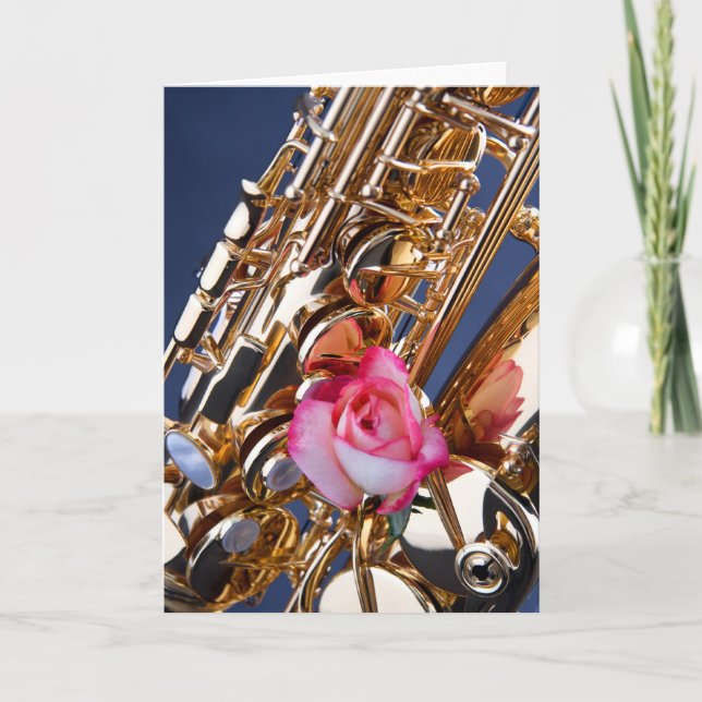 Carte de voeux Saxophone et Rose Rose (Devant)