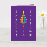 Carte de voeux Shabbat Shalom Menorah<br><div class="desc">Cette menorah très colorée et amusante est éclairée et chante son message heureux. Carte intérieure avec zone de date est bordée et coordonnée pour votre plaisir d'écriture. Shabbat Shalom ! ~ karyn</div>