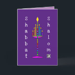 Carte de voeux Shabbat Shalom Menorah<br><div class="desc">Cette menorah très colorée et amusante est éclairée et chante son message heureux. Carte intérieure avec zone de date est bordée et coordonnée pour votre plaisir d'écriture. Shabbat Shalom ! ~ karyn</div>