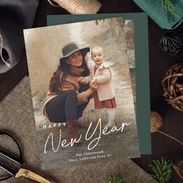 Carte de vœux Simple Script Bonne Année 3 Photo  (Simple Script 3 Photo New Years Holiday Card.)