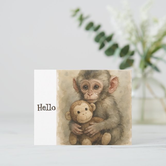 Carte de vœux singe bébé aquarelle mignonne (Debout devant)