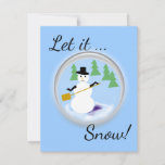 Carte de voeux - Snowman Laisser neiger<br><div class="desc">Snowman avec pelle est prêt à nettoyer la neige de son globe de neige. Les pins verts sont derrière lui. Texte "Laisse-le...  La neige" peut être personnalisée. La couleur Arrière - plan peut être Customisée. Accueil personnalisé sur le dos - "Envoi de voeux chauds pour les fêtes"</div>